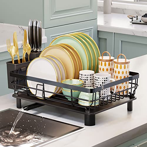 AIDERLY Iron Dish Drying Rack with Drainboard Dish Drainers for Kitchen Counter Sink Adjustable Spout Dish Strainers with Utensil Holder and Knife Slots, Black