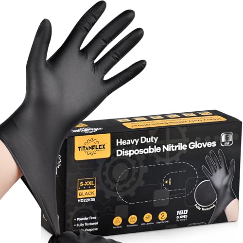 TITANflex Heavy-Duty 6-mil Black Nitrile Gloves, Medium, Box of 100, Disposable Gloves, Fully Textured, Powder-Free, Latex-Free