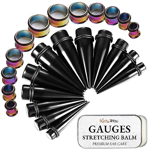 BodyJ4You 25PC Ear Stretching Kit - 00G-20mm Big Gauges - Aftercare Ear Balm - Rainbow Steel Single Flare Tunnels Plugs Solid Black Acrylic Tapers - Stretchers Weights Expanders Eyelets