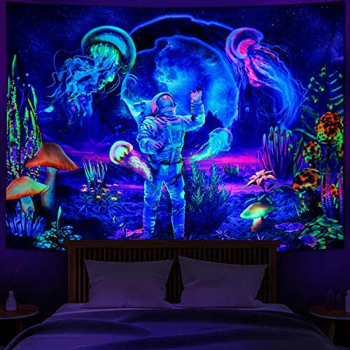 Heopapin Blacklight Astronaut Tapestry UV Reactive Plants Jellyfish Neon Galaxy Space Wall Hanging for Room W59×H51