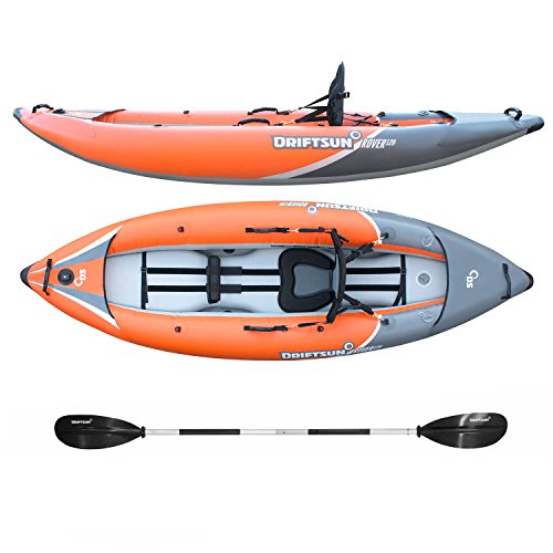 Driftsun Rover 120 Inflatable Kayak - 1 Person Adult White Water Single Rider Foldable Kayak Canoe Set with Padded Seat, Aluminium Paddle, Action Cam Mount, Pump, High Pressure Floor & Travel Bag