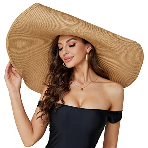 Oversized Beach Straw Hat for Women, Fashion Large Wide Brim Visor Hats Handmade Roll Up Floppy Sun Hat for Summer Beach Cap Khaki