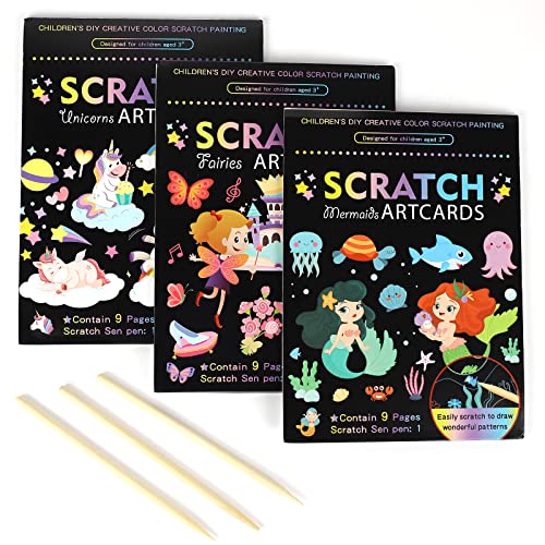 OPUHOHR 3 Set Magic Scratch Paper Art, Colorful Magic Drawing Art Book with 3 Scratch Pen for Birthday Halloween Christmas Party Games Projects Kits