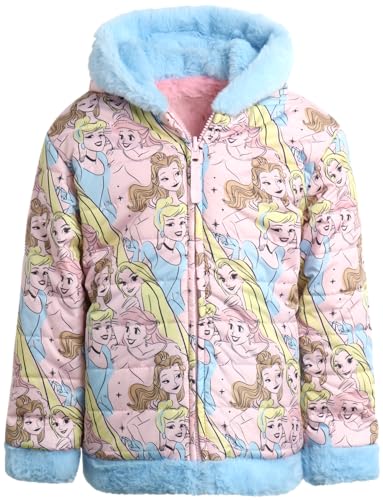 Disney Girls’ Princess Reversible Jacket – Quilted Hooded Windbreaker Puffer Coat with Faux Fur Lining (2T-16), Size 7, Princess Pink/Blue
