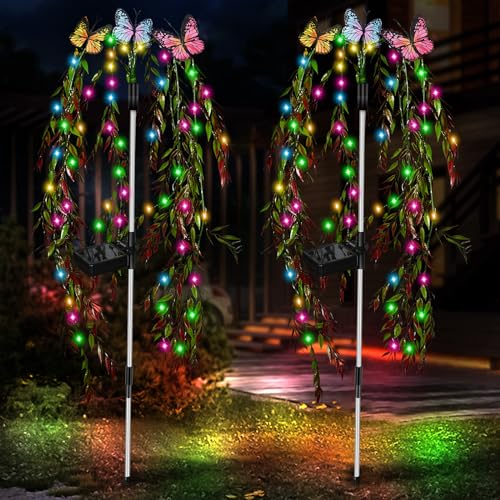 RWNXKARN Solar Garden Lights Outdoor Decorative Waterproof, 69LED Swaying Tree Solar Lights for Outside, Butterfly Flower Lights Solar Power Yard Decor for Pathway Patio Lawn Party Decorations