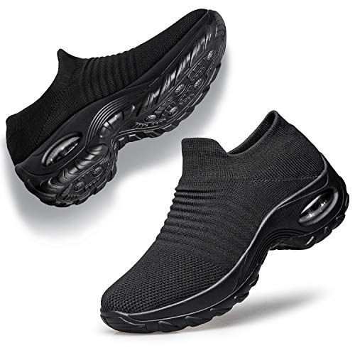 YHOON Women's Walking Shoes - Sock Sneakers Slip on Mesh Platform Air Cushion Athletic Shoes Work Nurse Comfortable Black 9