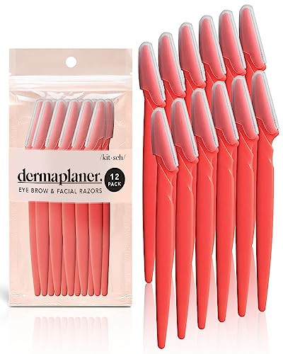 Kitsch Dermaplaning Tool - Face Razors for Women, Eyebrow Trimmer & Face Shaver, Facial Hair Removal, Facial Razors for Women, Dermaplane Razor for Women Face, 12 pc (Coral)
