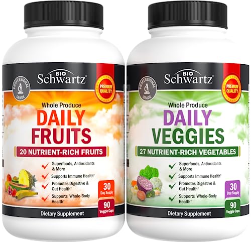 Daily Fruits and Veggies Supplement for Women and Men - 47 Whole Food Fruits and Vegetables - Diverse Natural Balance of Vitamins Minerals and Noni - 90 Fruit Capsules, 90 Veggie Capsules (2 Pack)