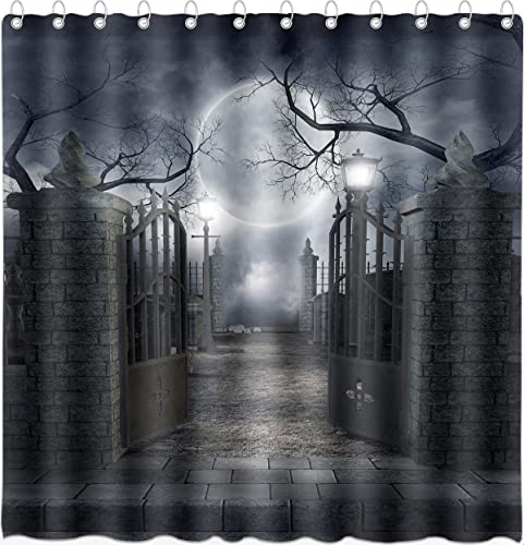 DePhoto Halloween Shower Curtain for Bathroom Scary Night Courtyard Door Spooky Moon Horrifying Dead Tree Street lamp Poliester Water Proof Fabric Decoration with 12Hooks 60x72inch