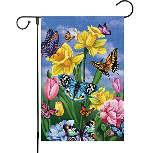 Louise Maelys Spring Daffodil Garden Flag 12x18 Double Sided Vertical, Burlap Small Butterfly Floral Flower Welcome Garden Yard House Flags Outside Outdoor House Spring Summer Decoration (Only Flag)