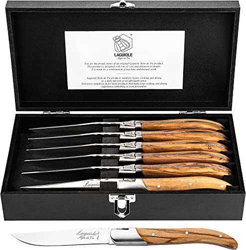 Laguiole Style de Vie Steak Knives, Luxury Line, 6 pieces, Olive Wood, in giftbox