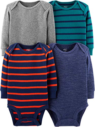 Simple Joys by Carter's Baby 4-Pack Long-Sleeve Thermal Bodysuit, Blue Heather/Grey Heather/Stripe, 24 Months