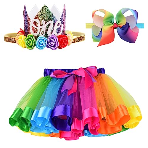 BGFKS Newborn Baby Girls 1st Birthday Photography Outfit Sets Layered Rainbow Tutu Skirt with Hairbow and Crown Headband