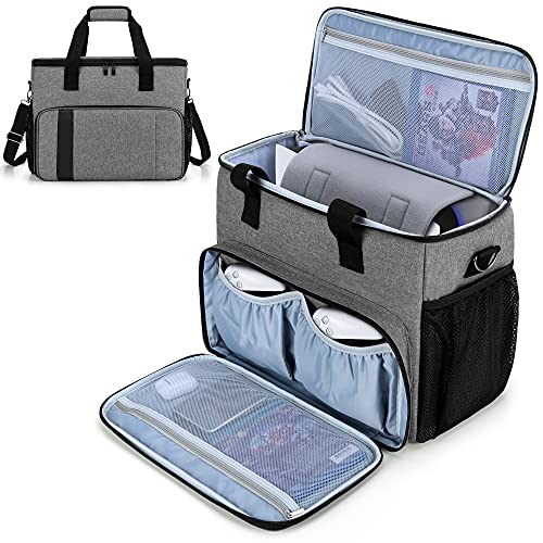 CURMIO Carrying Case Compatible for PS5, PS4, PS4 Pro, Travel Bag for Game Console, Controller, Disks and Accessories, Gray (Bag Only, Patent Design)