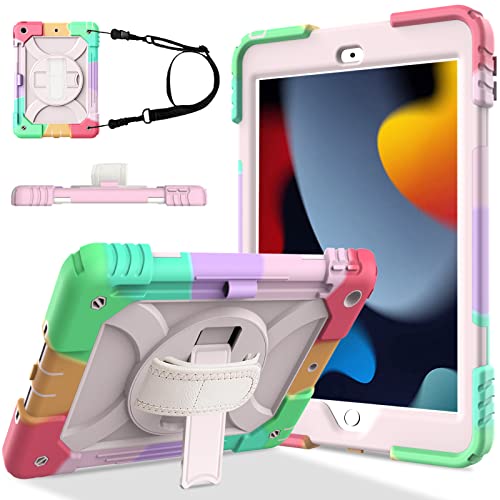 LTROP iPad 10.2 Case 2021/2020/2019,iPad 9th/8th/7th Generation Case for Kids,Shockproof Kids iPad 10.2 Case with Pencil Holder/360 Rotating Stand/Hand Strap for iPad 9/8/7 10.2-inch,Rose Gold
