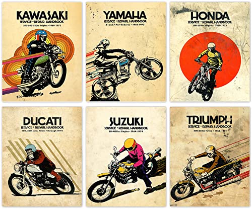 Vintage Motocross Wall Art for Man, Motorcycles Art Posters, Extreme Sport Canvas Wall Art for Man Cave, Bedroom, Teens Room Home Decor, The Best Gift for A Motocross Fans, Set of 6-(8'x10' Unframed)