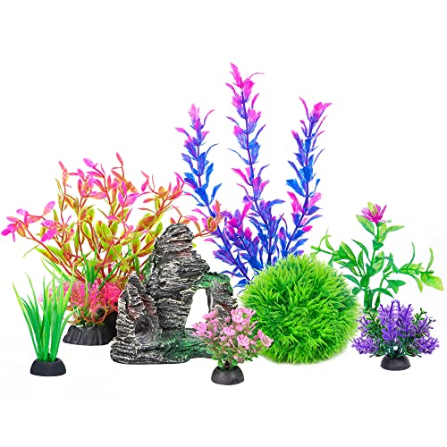 Ameliade Aquarium Decorations Fish Tank Artificial Plastic Plants & Cave Rock Decor Set, Goldfish Betta Fish Tank Accessories Small Large Fish Bowl Decorations（8 Pieces