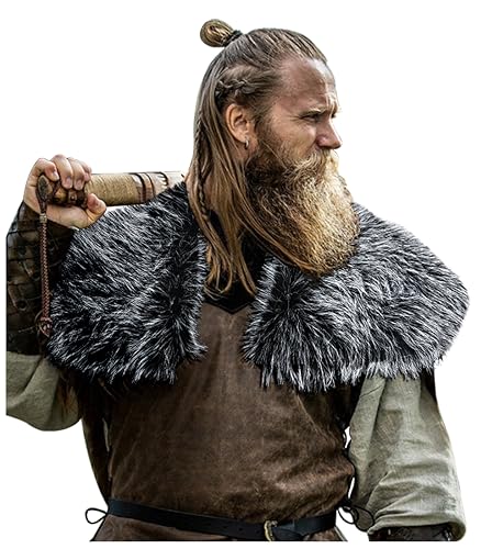 L'VOW Men's Viking Fur Collar Medieval Renaissance Wrap King Warrior Cape Shawl Halloween LARP Winter Cosplay Costume(Black)