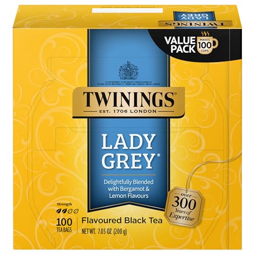 Twinings Lady Grey Black Tea, 100 Individually Wrapped Tea Bags, Orange Peel & Lemon Peel, Fresh & Uplifting Caffeinated, Enjoy Hot or Iced