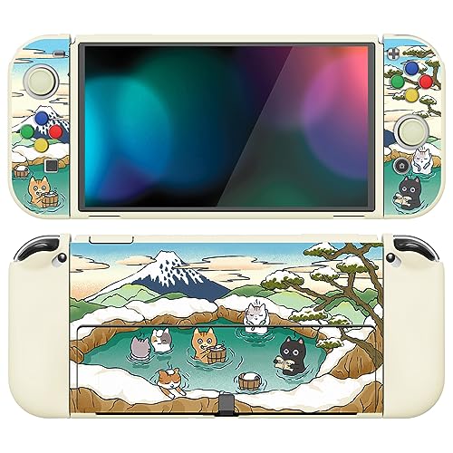 PlayVital ZealProtect Soft Protective Case for Nintendo Switch OLED, Flexible Protector Joycon Grip Cover for Nintendo Switch OLED w/Thumb Grips & ABXY Direction Button Cap - Hot Spring Kitties