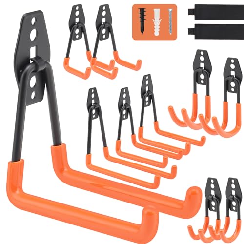 pensar Upgraded 12-Pack Garage Hooks Heavy Duty, Utility Steel Garage Storage Hooks, Wall Mount Garage Organizers and Hangers for Organizing Power Tools, Ladders, Bulk Items, Bicycles (Orange)