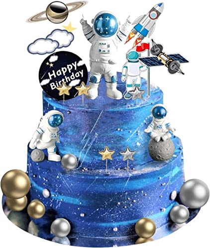 22Pcs Space Cake Topper,Space Cupcake Toppers Astronaut Figurine Birthday Outer Space Themed Party Decorations Supplies Planet Rocket Pearl Balls and Star DIY Cake Toppers for Kids Party Baby Shower