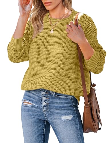 MEROKEETY Women's 2024 Long Sleeve Waffle Knit Sweater Crew Neck Solid Color Pullover Jumper Tops Mustard