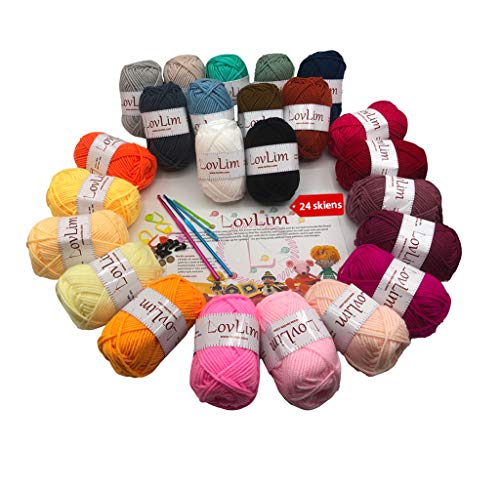 LovLim Crochet Yarn kit, 24 Soft Cotton Yarn skeins, 1500+ Yards, for Crochet and Knitting, Craft DK Yarn, Free Crochet/Amigurumi Patterns, Perfect Starter kit