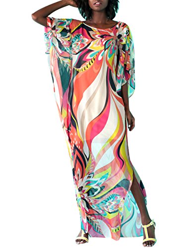 Bsubseach Women's Floral Print Chiffon Swimwear Turkish Kaftans See Through Swimsuit Cover up Caftan Beach Long Dress