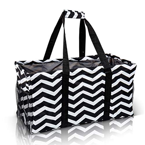 Lucazzi Extra Large Utility Tote Bag - Oversized Collapsible Reusable Wire Frame Rectangular Canvas Basket With Two Exterior Pockets For Beach, Pool, Laundry, Car Trunk, Storage - Chevron Black