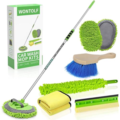Wontolf 62'' Car Wash Brush with Long Handle Chenille Microfiber Car Wash Mop Mitt Wheel Brush Car Cleaning Kit Windshield Window Squeegee Microfiber Car Duster Dry Towels for Cars RV Truck Boat 10PCS
