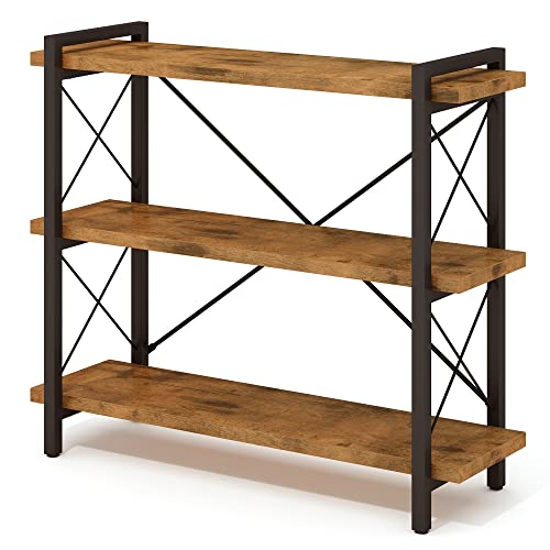 HCHQHS Bookshelf, 3-Tier Industrial Bookcase, Rustic Open Book Shelf, Wood and Metal Horizontal Bookshelves