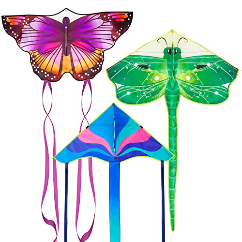 3 Pack Large Kites - Butterfly Delta Dragonfly Kites Easy to Fly for Adults Kids Beach Park Outdoor Game Activities, Gifts for Easter and Festival