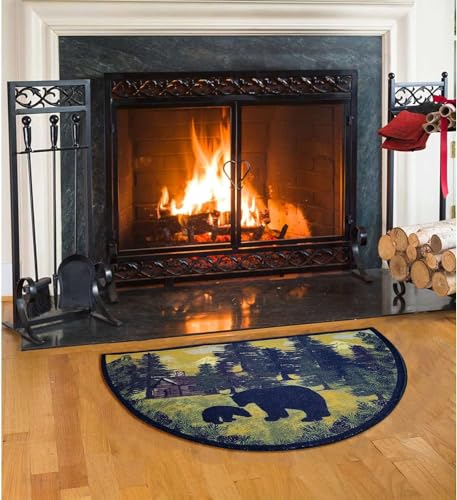 Cozy Floor Mats Hearth Rug for Fireplace, Bear & Cub, Non Slip Kitchen Mat, Green Black Gold Cream, Half Circle, Fire Resistant, Nature, Half Round, Heat Resistant, Cabin Rug (26'x 39')