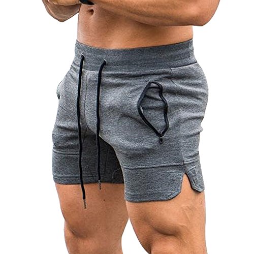 EVERWORTH Men's Solid Gym Workout Shorts Bodybuilding Running Fitted Training Jogging Short Pants with Zipper Pocket Grey XL