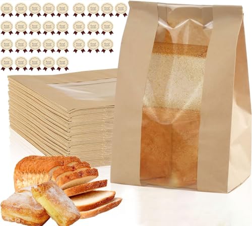 Paper Bread Bags - 30 Pack - Homemade Bread Storage Bags with Clear Window Includes Label Seal Stickers -Bakery Packaging Bags for Cookies, Bread, and Treats - Large Kraft 13.7x8.2x3.5inch Brown