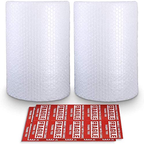 2-Pack Bubble Cushioning Wrap Rolls, 3/16' Air Bubble, 12 Inch x 72 Feet Total, Perforated Every 12', 20 Fragile Stickers Included