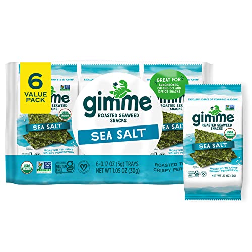 gimMe - Sea Salt Organic Roasted Seaweed Sheets Keto, Vegan, Gluten Free Great Source of Iodine & Omega 3’s Healthy On-The-Go Snack for Kids Adults 6 Count( Pack 1)