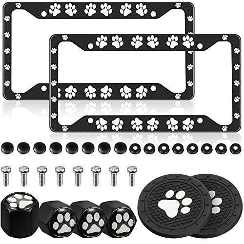 2 Pieces Paw Print License Plate Cover Aluminum Alloy License Plate Covers with 4 Pieces Paw Valve Stem Caps and 2 Pieces Paw mat(Black Frame)