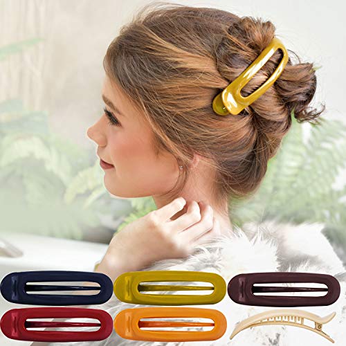 RC ROCHE ORNAMENT 6 Pcs Womens French Barrette Classic Duckbill Alligator Eyelet Oval Hair Decor Clips Side Slide Firm Grip Beauty Accessory Plastic Styling Pin Clamps, Medium Classic Multicolors