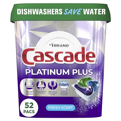 Cascade Platinum Plus Dishwasher Pod, Dish Detergent ActionPacs Dish Pods, Fresh, 52 Count