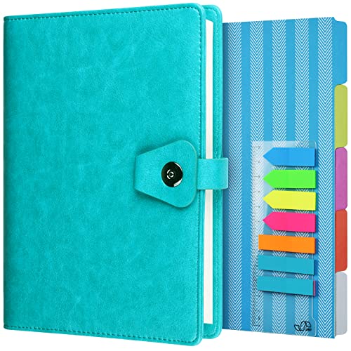 OMEYA A5 Binder Journal, Refillable 6 Ring Organizer Planner Leather Business Writing Notebook, Ruled Hardcover Diary Notebook with Divider page and Index stickers-blue