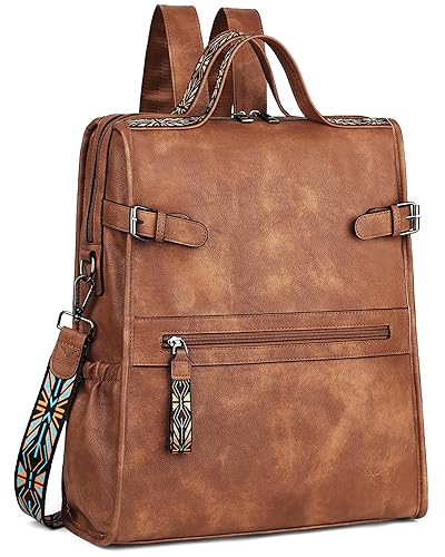 FADEON Leather Laptop Backpack for Women, Designer Ladies Work Travel Computer Backpack with Laptop Compartment Purse Brown