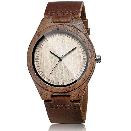 CUCOL Cowhide Leather Strap Watch Wooden Case Analog Quartz Wristwatch Father's Day Gifts for Dad