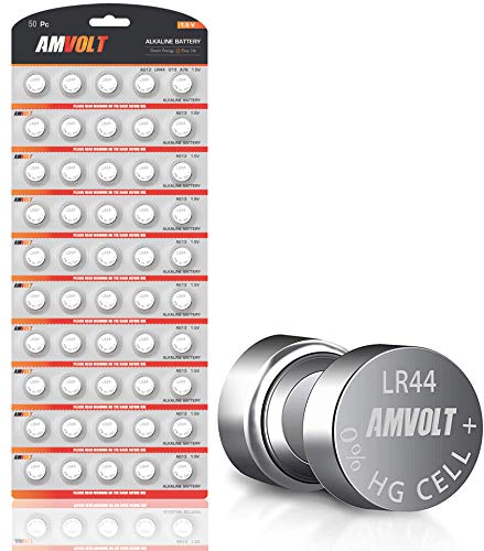 AmVolt 50 Pack LR44 AG13 SR44 357 303 LR44G Battery - [Ultra Power] Premium Alkaline 1.5 Volt Non Rechargeable Round Button Cell Batteries for Watches Clocks & Electronic Devices - 2029 Exp Date