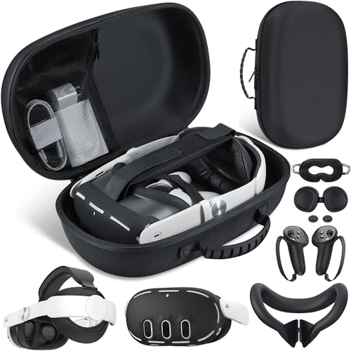 KANG YU Hard Carrying Case Compatible with Meta/Oculus Quest 3, Carry Bag Sets With Comfortable Head Strap, VR Silicone Face Cover, VR Shell Cover,Touch Controller Grip Cover,Camera Lens Protector