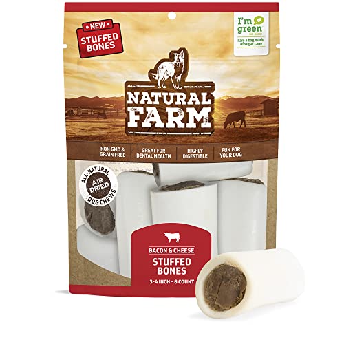Natural Farm Bacon & Cheese Filled Bones (3-4 Inch, 6 Pack), Limited Ingredient, Natural Stuffed Dental Dog Bone Treats for Dogs, Made with Real Beef