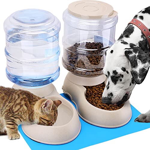 2 Pack Automatic Cat Feeder and Water Dispenser in Set Gravity Food Feeder and Waterer with Pet Food Mat for Small Medium Dog Pets Puppy Kitten Big Capacity 1 Gallon x 2