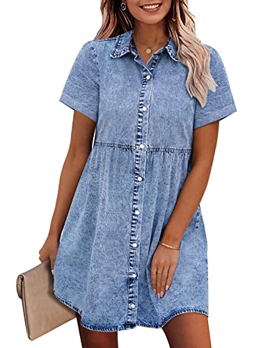 GRAPENT Women’s Denim Dress for Women Denim Summer Dress for Women Baby Doll Denim Dress for Women Blue Jean Denim Dress for Women Bay Blue Size Large Size 12 Size 14