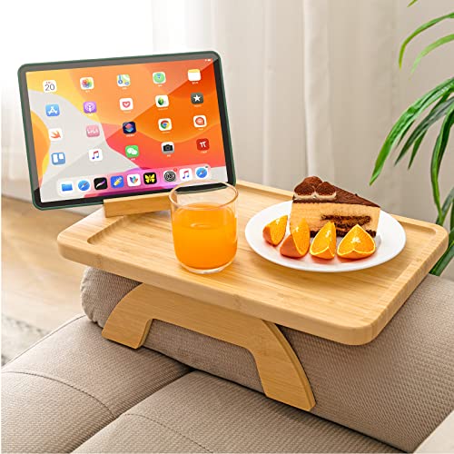 SINWANT Bamboo Sofa Clip on Side Table for Wide Couches Arm, Foldable Couch Tray with 360° Rotating Phone Holder, Armrest Table for Eating/Drinks/Snacks/Remote/Control